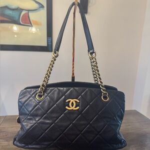 Authentic CHANEL Black Quilted Leather Tote Bag with Antique Gold Hardware